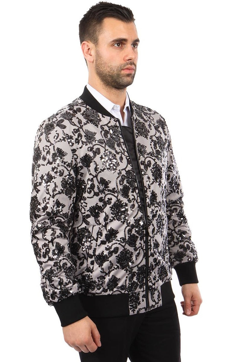Men’s Paisley Sequin Bomber Jacket in Grey & Black
