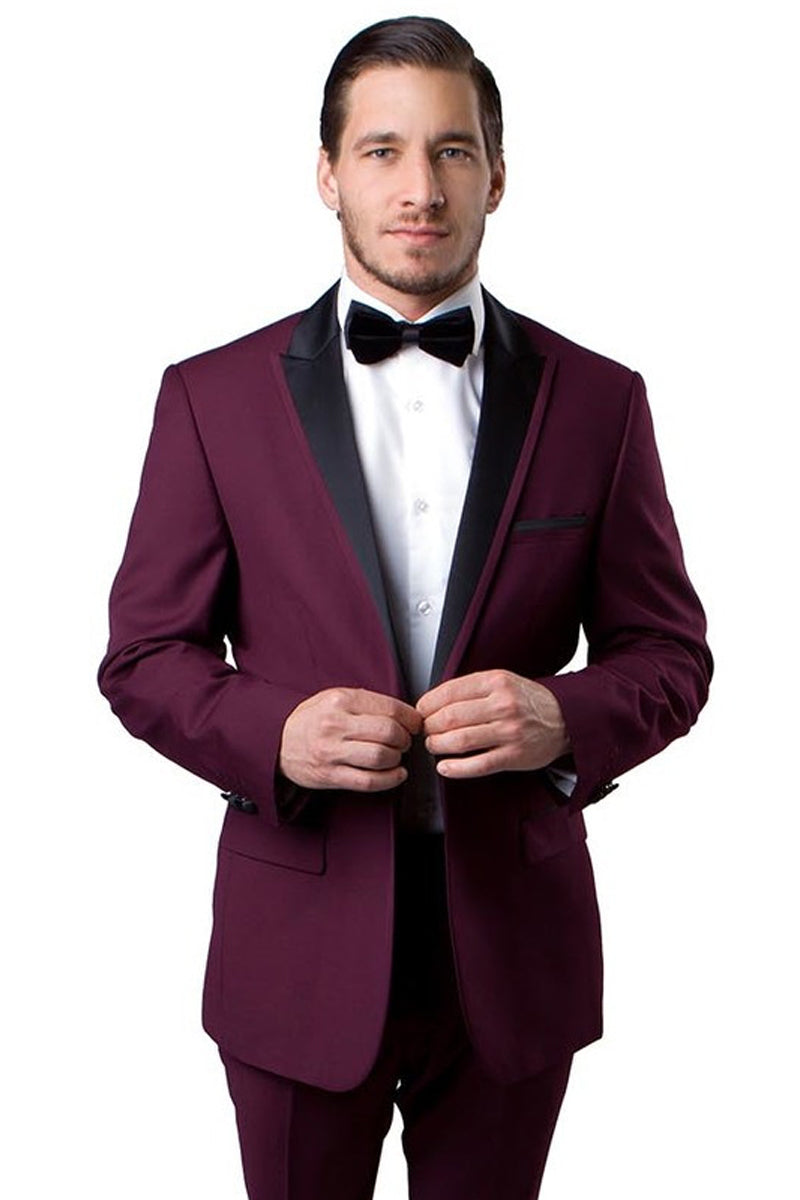 Men’s Slim Fit One Button Satin Trim Peak Lapel Prom & Wedding Tuxedo in Burgundy