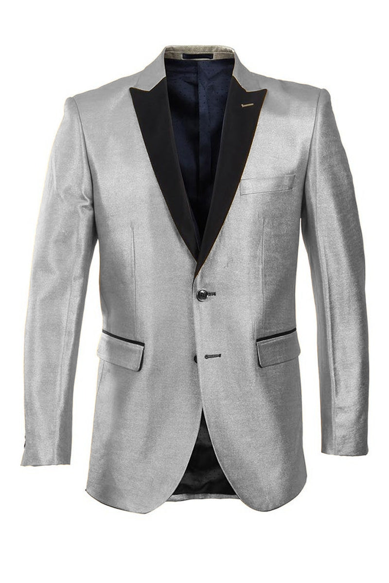 Men’s Slim Fit Shiny Satin Tuxedo Blazer in Silver & Black