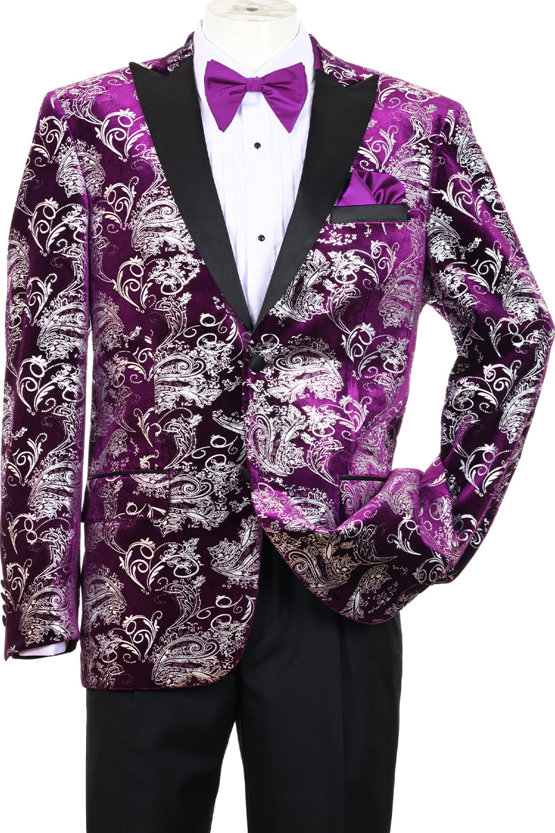 Men’s Modern Fit Velvet Floral Paisley Foil Tuxedo Jacket in Purple & Silver