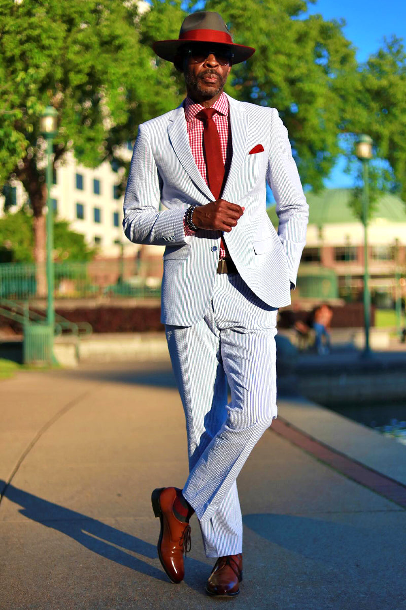 Mens Classic Summer Seersucker Pinstripe Suit in Blue