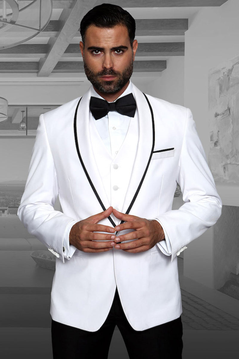 Men’s Designer Vested Satin Trim Shawl Wedding & Prom Tuxedo in White
