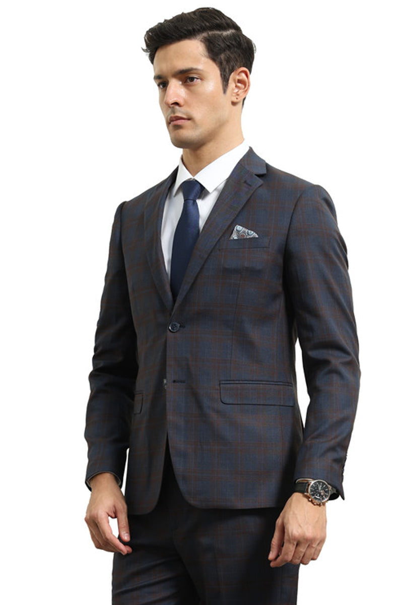 Men’s Modern Fit Two Button Suit with Scoop Vest in Blue & Brown Windowpane Plaid