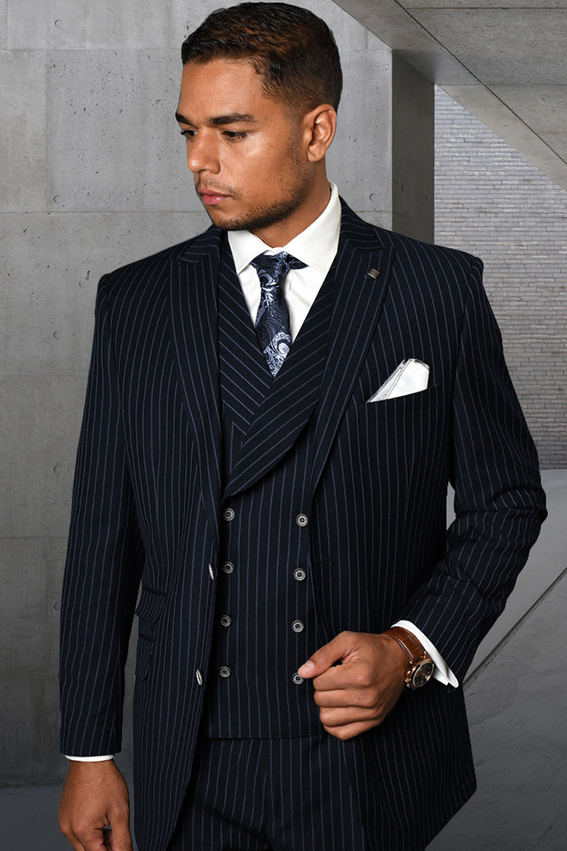 Men’s Designer Wool Pleated Pant Vested Suit in Bold Navy Gangster Pinstripe