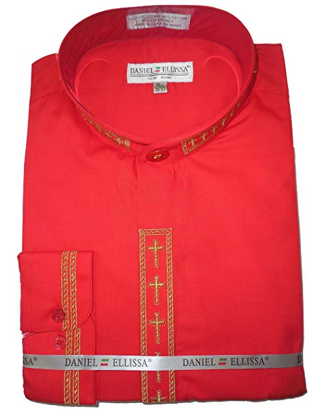 Men’s Cross Embroidered Banded Collar Dress Clergy Shirt in Red & Gold