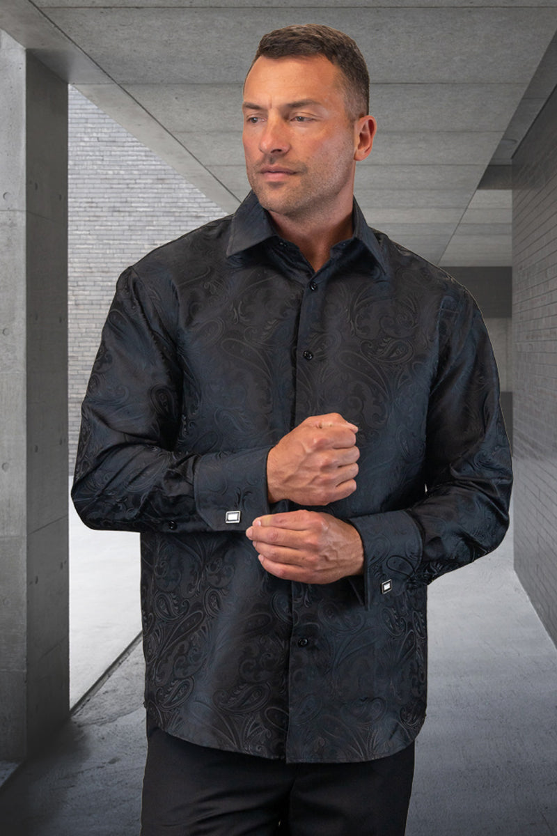 Men’s Fancy Long Sleeve Woven Paisley Dress Shirt in Black