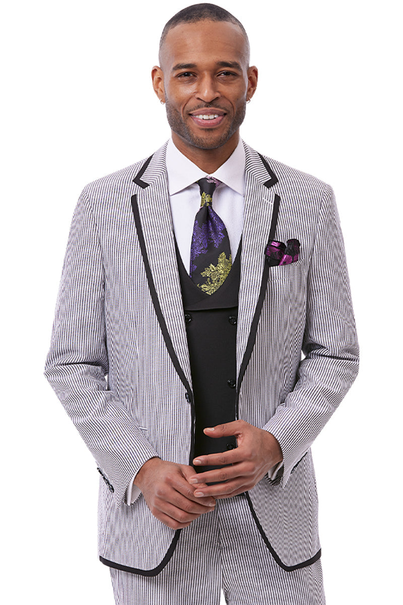 Men’s One Button Vested Fashion Seersucker Suit with Double Breasted Vest in Black