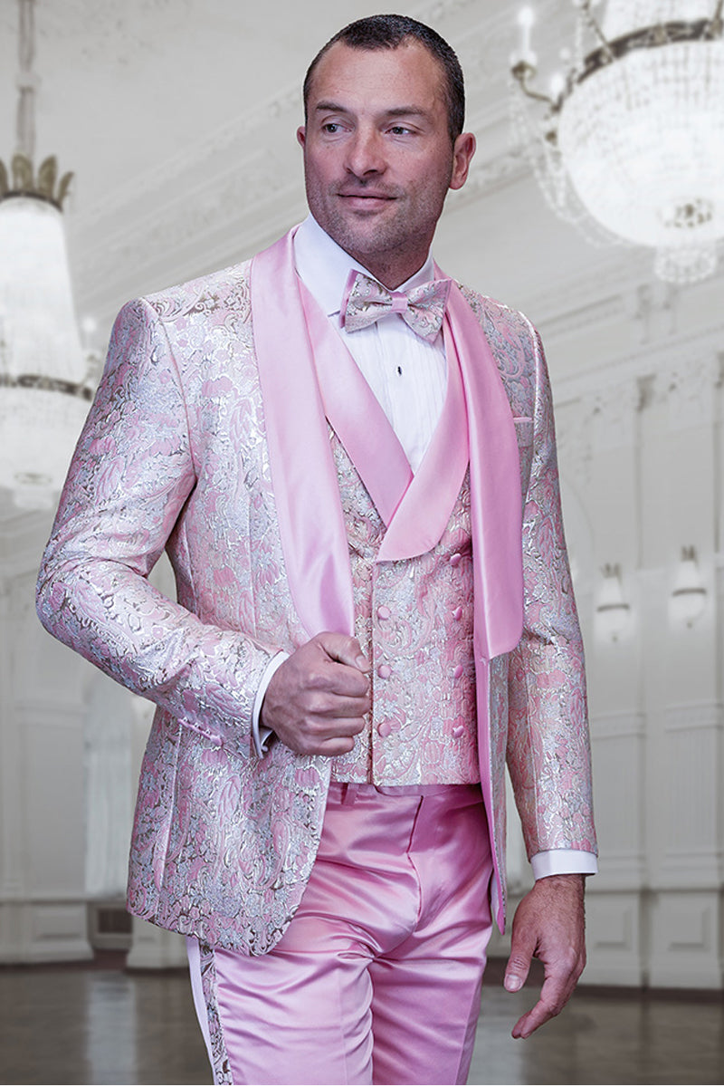 Men’s Vested Shiny Paisley Wedding Tuxedo with Double Breasted Vest in Blush Pink