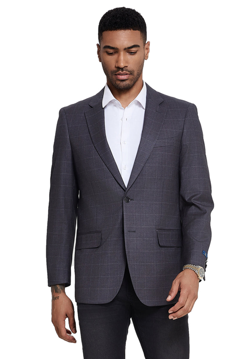 Men’s Two Button Modern Fit Sport Coat in Grey Windowpane Plaid