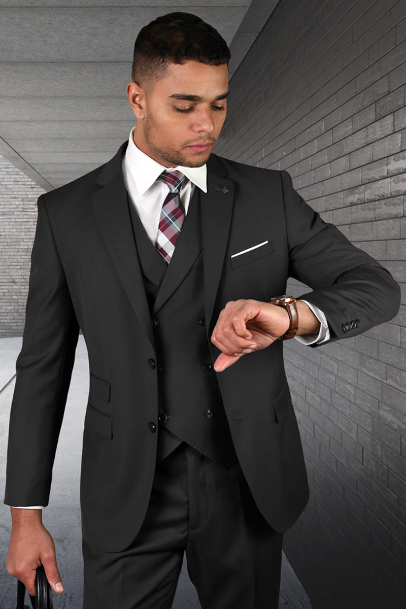 Men’s Modern Fit Designer Wool Suit in Cahrcoal Grey with a Double Breasted Vest