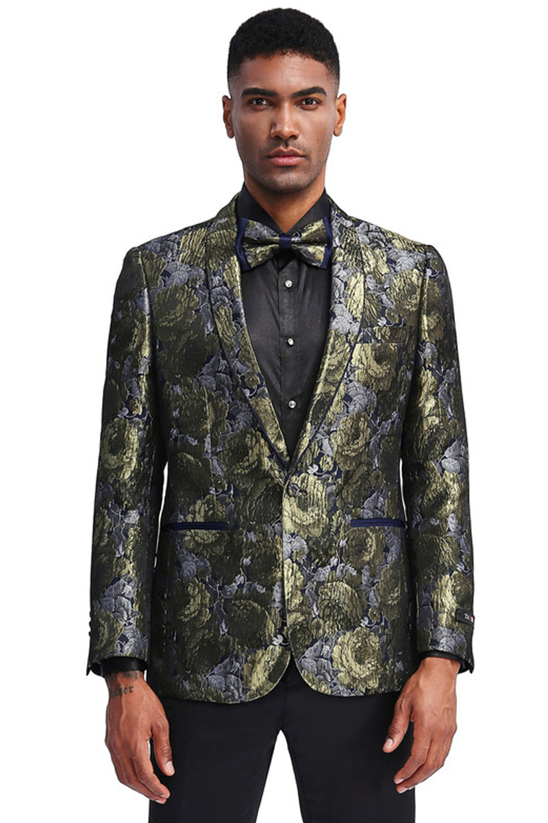 Men’s Slim Fit Shiny Metallic Paisley Shawl Prom Dinner Jacket in Silver & Gold