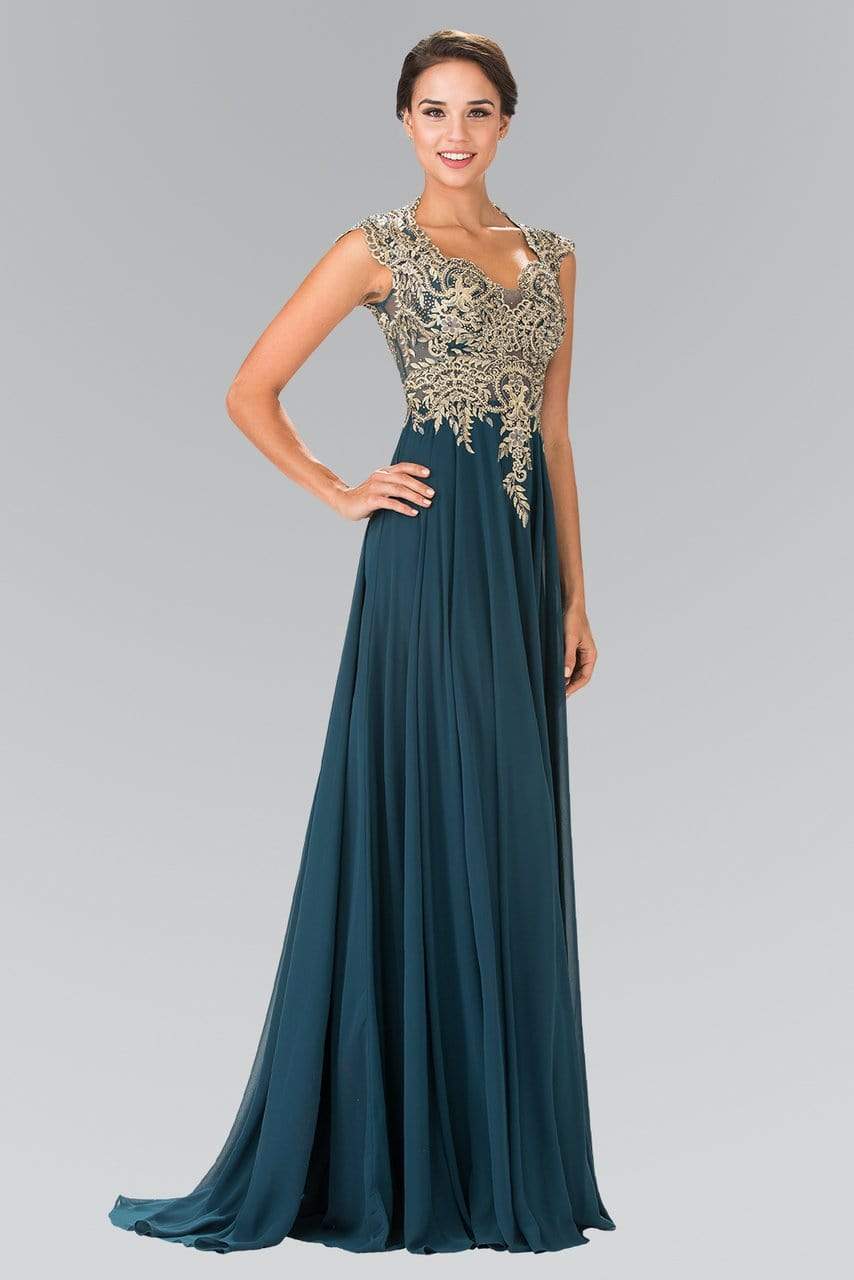 GL2229 Gilt Embroidered Bateau A-Line Gown