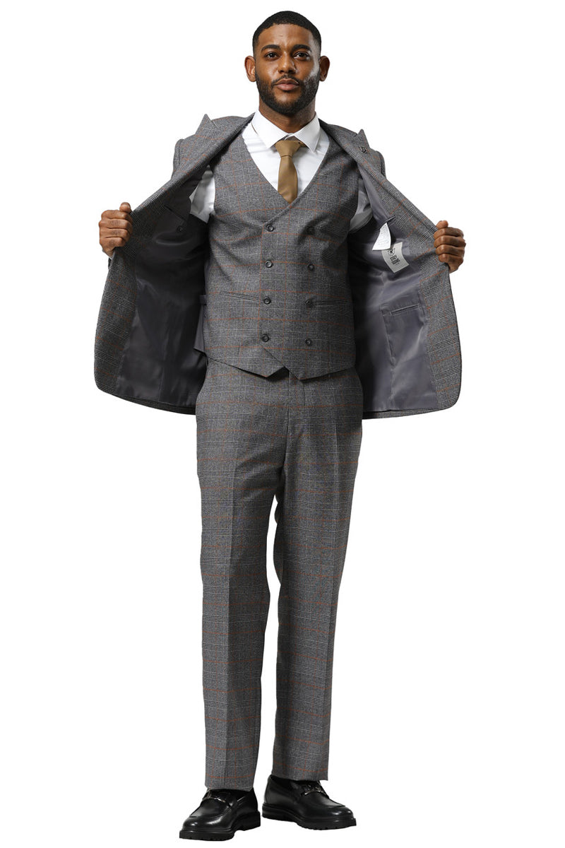 Men’s Stacy Adams One Button Peak Lapel Suit With Double Breasted Vest in Grey Glen Plaid