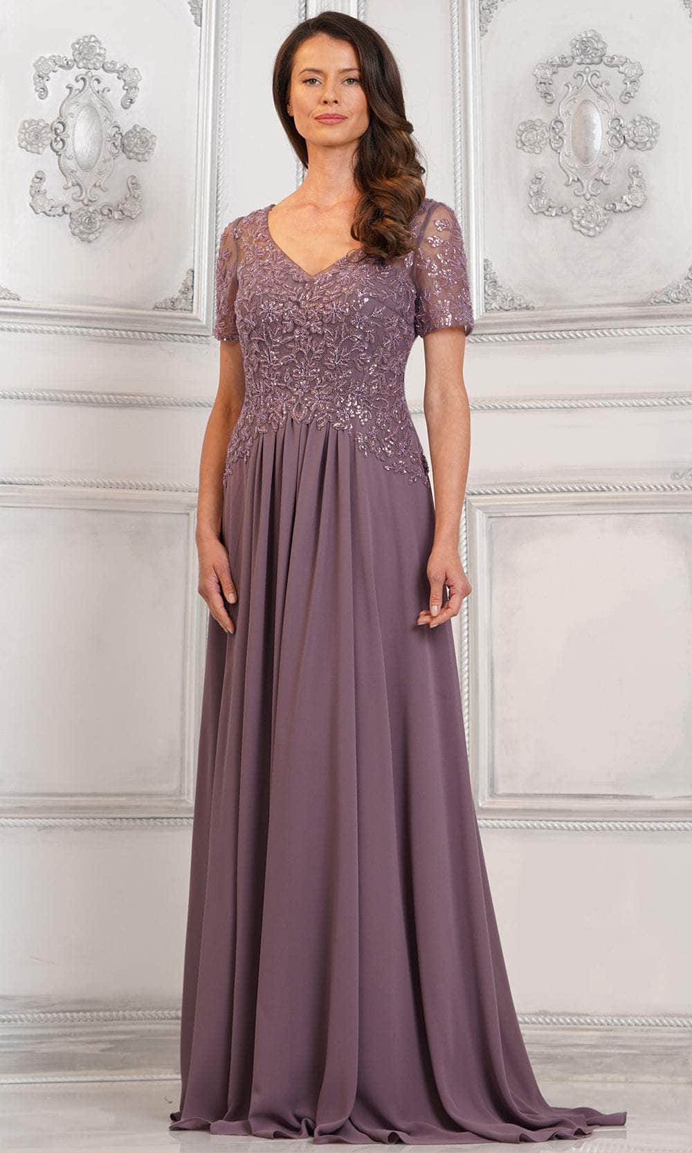 Beaded Appliqued V-Neck Formal Gown