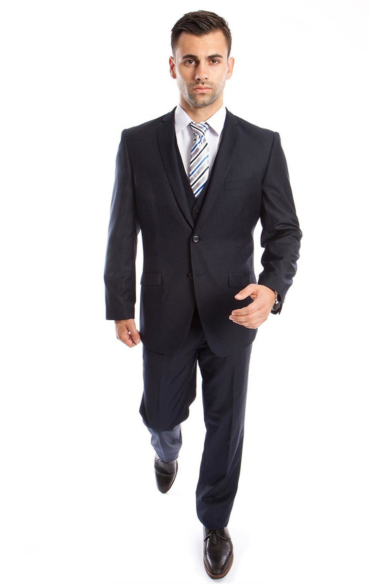 Men’s Two Button Slim Fit Basic Vested Wedding Suit in Navy Blue
