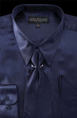 Men’s Regular Fit Shiny Satin Dress Shirt, Tie & Pocket Square Set in Navy Blue