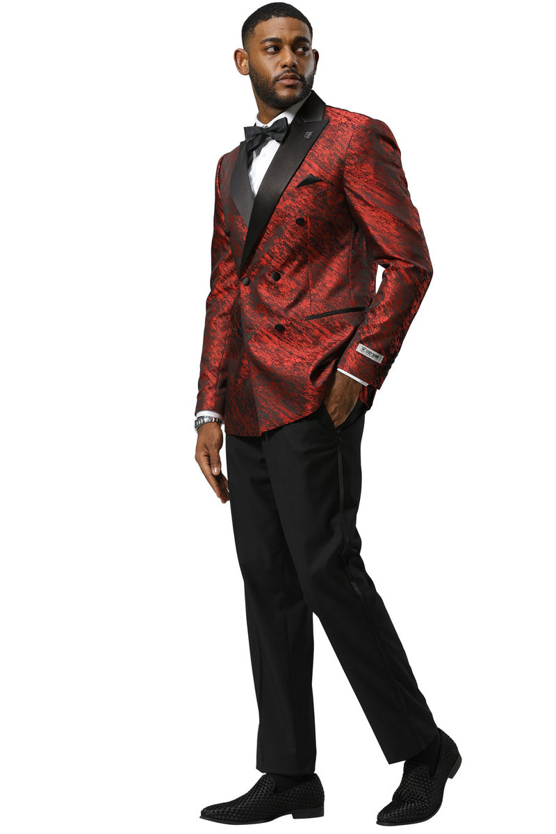 Men’s Stacy Adams Double Breasted Wedding & Prom Tuxedo Jacket in Textured Shiny Red Sharkskin