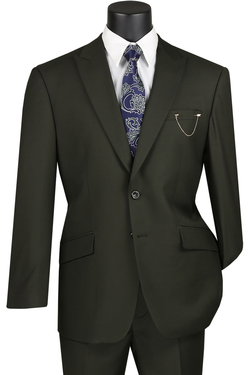 Men’s Two Button Modern Fit Wide Peak Lapel Wool Feel Suit in Olive Green