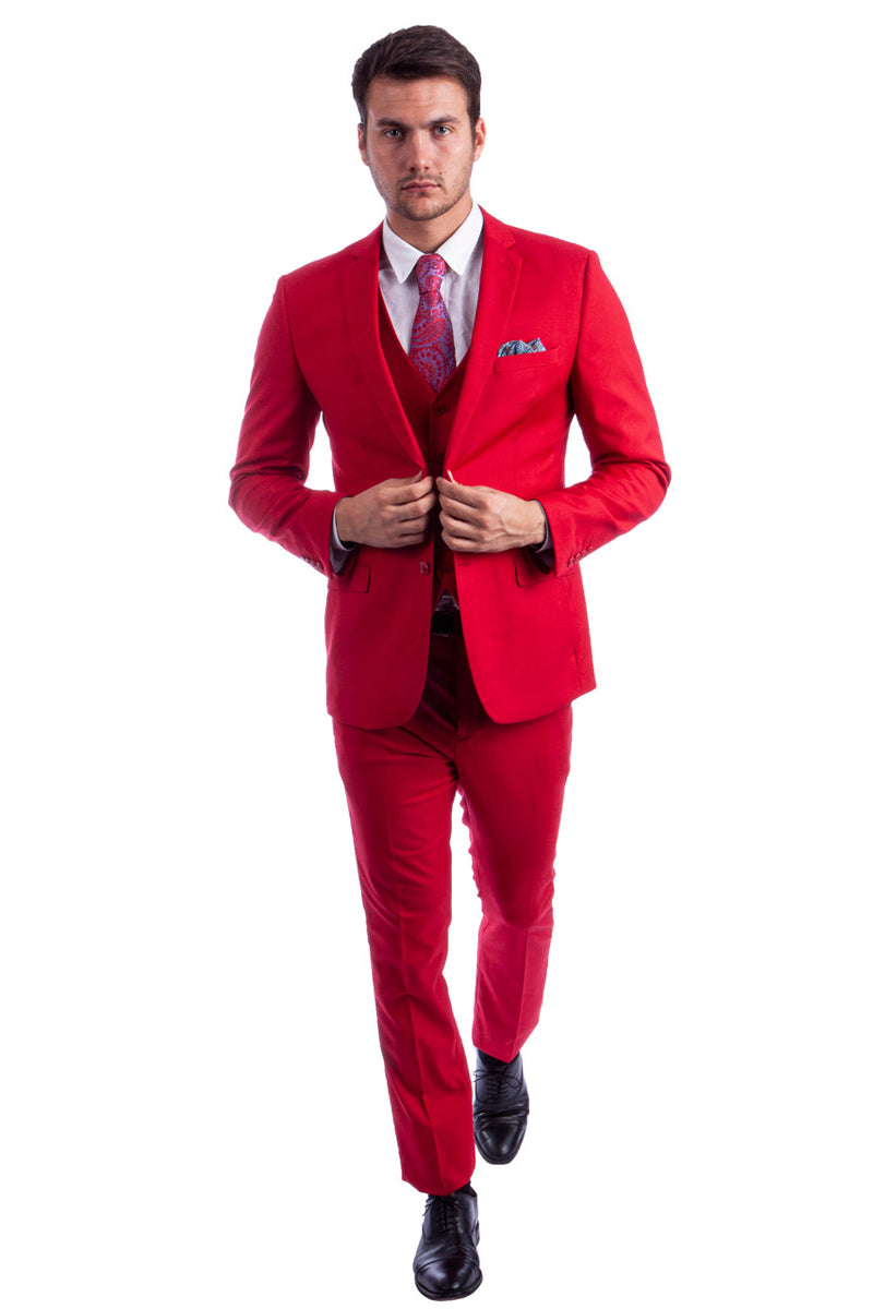 Men’s Two Button Slim Fit Vested Solid Basic Color Suit in Red