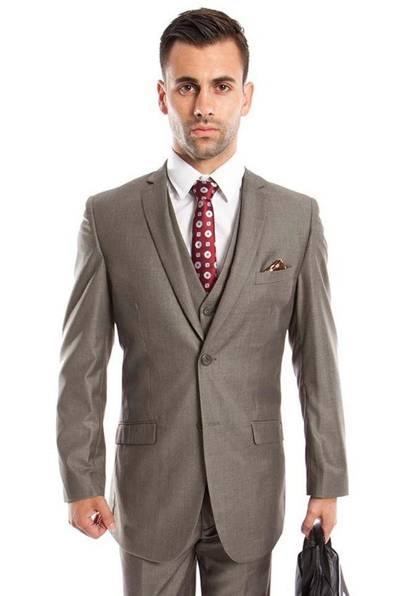 Men’s Two Button Slim Fit Basic Vested Wedding Suit in Medium Grey