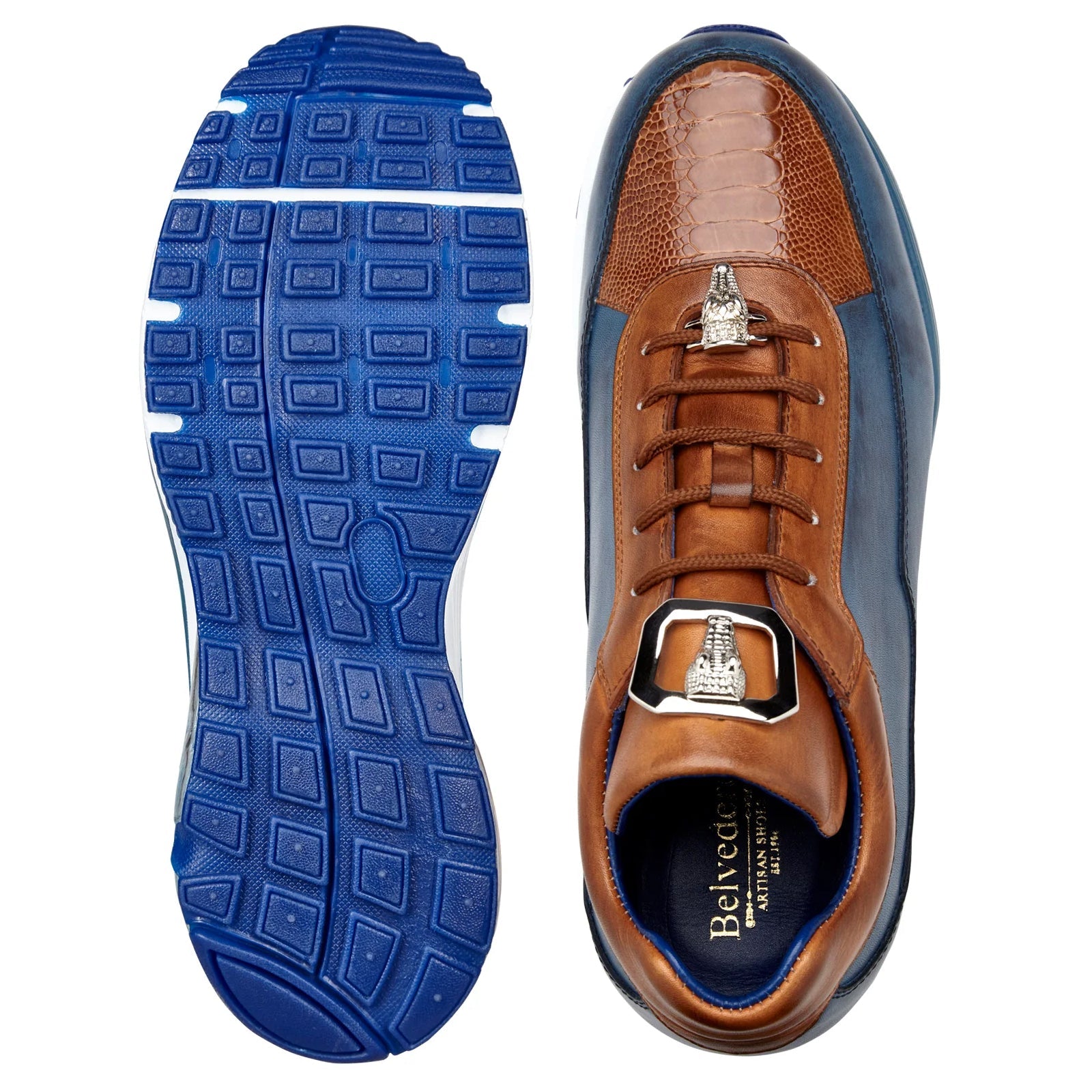 Men’s Belvedere Flash Calf & Ostrich Leg Sneaker in Camel & Blue