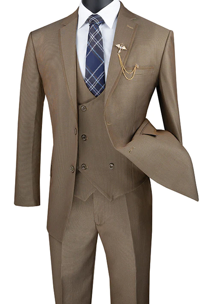 Men’s Modern Fit Tuxedo Suit with Double Breasted Vest and Satin Trim in Khaki