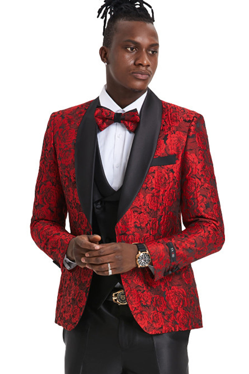 Men’s One Button Slim Fit Shiny Paisley Floral Vested Prom Tuxedo in Red