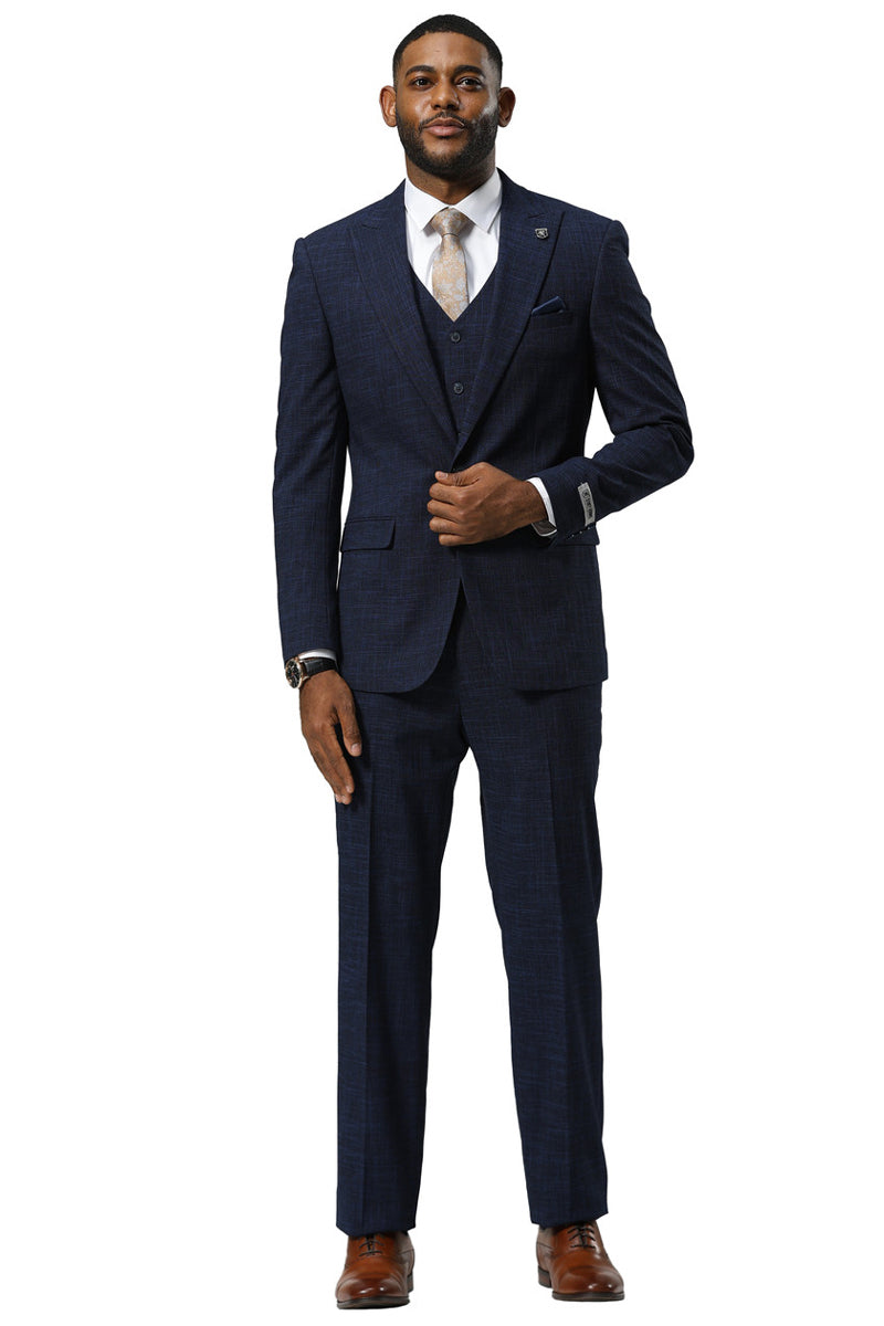 Men’s Stacy Adams One Button Peak Lapel Vested Sharkskin Suit in Navy