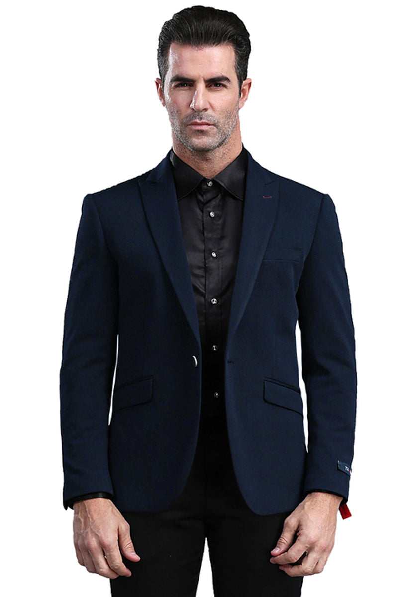 Men’s One Button Peak Lapel Skinny Fit Blazer in Navy Blue