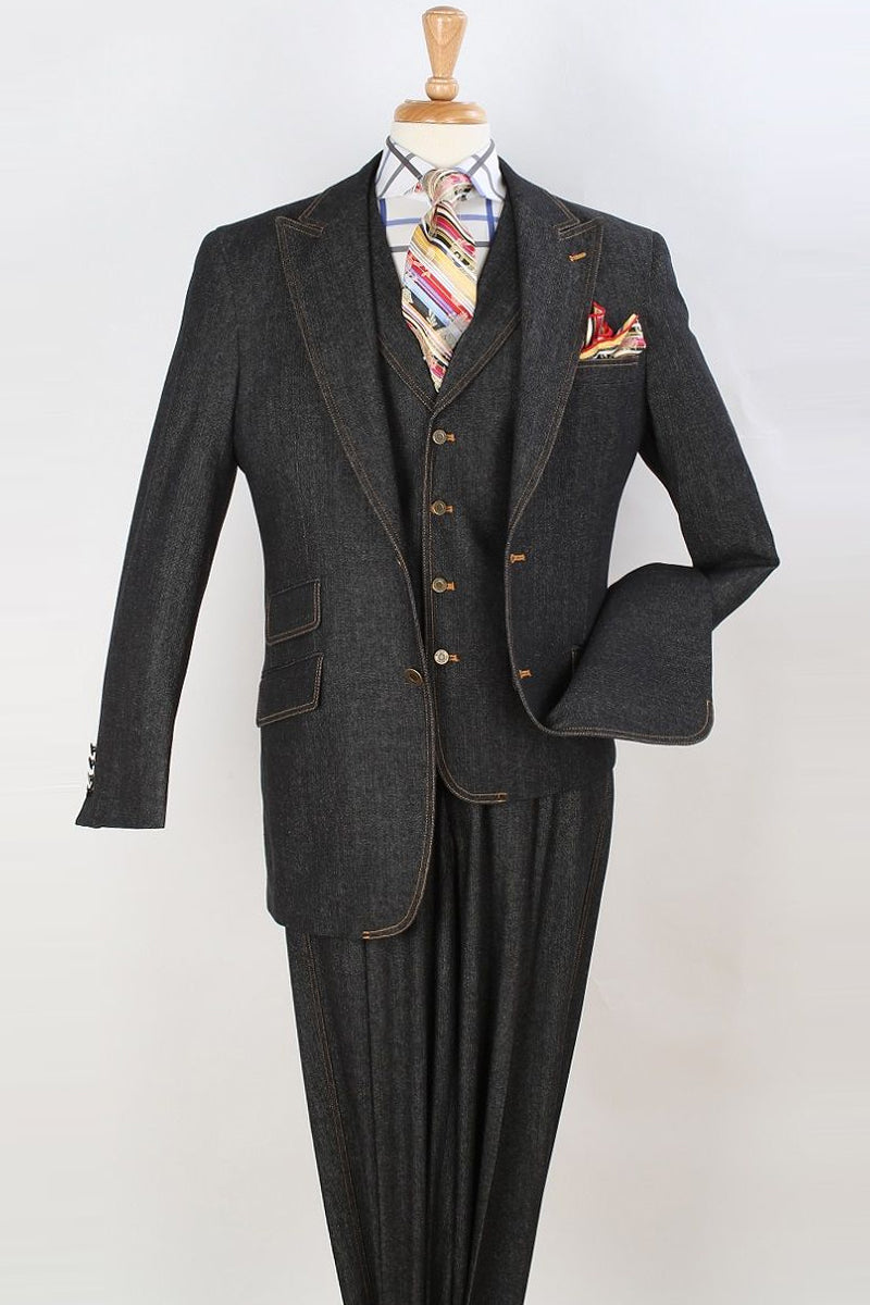 Mens Two Button Peak Lapel Vested Denim Suit in Black