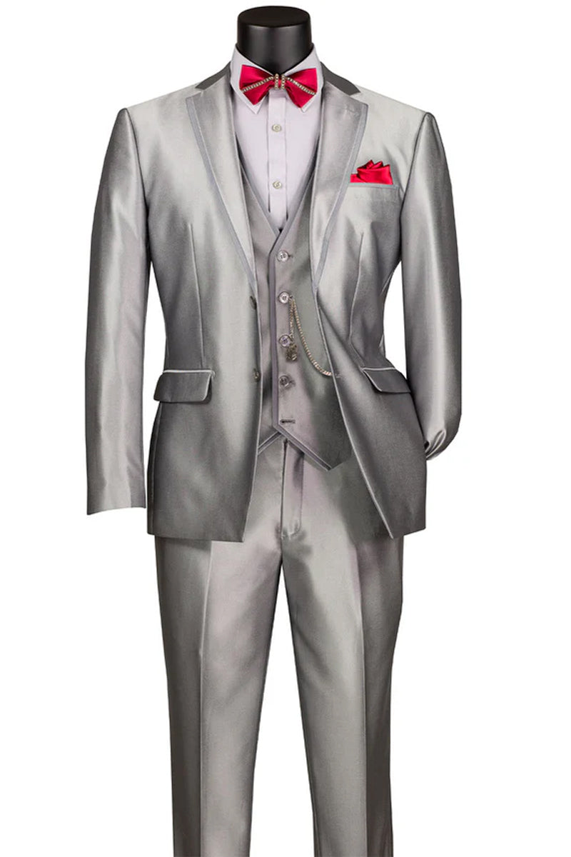 Men’s Vested Slim Fit Shiny Sharkskin Wedding & Prom Tuxedo Suit in Silver Grey