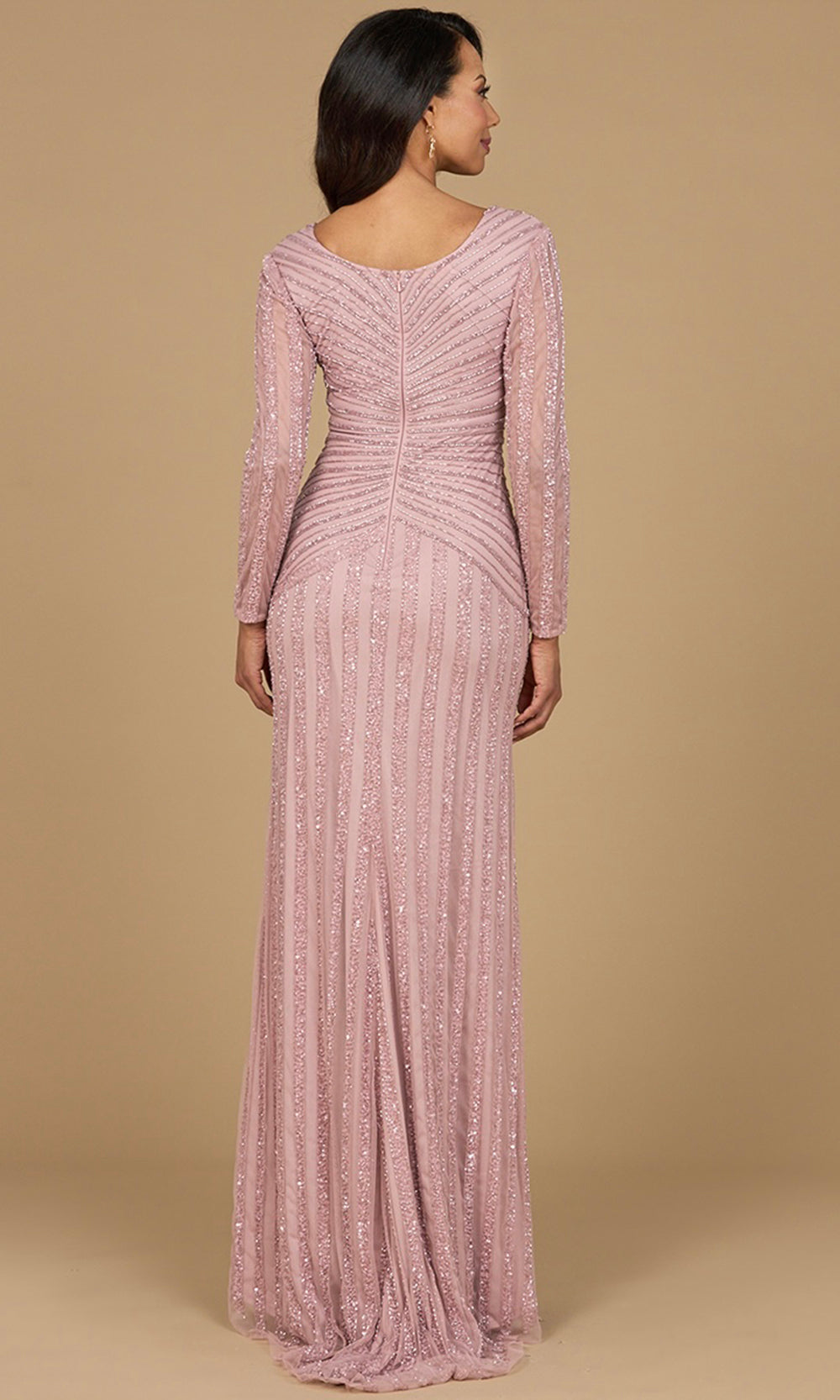 Linear Beaded Long Sleeve Formal Dress