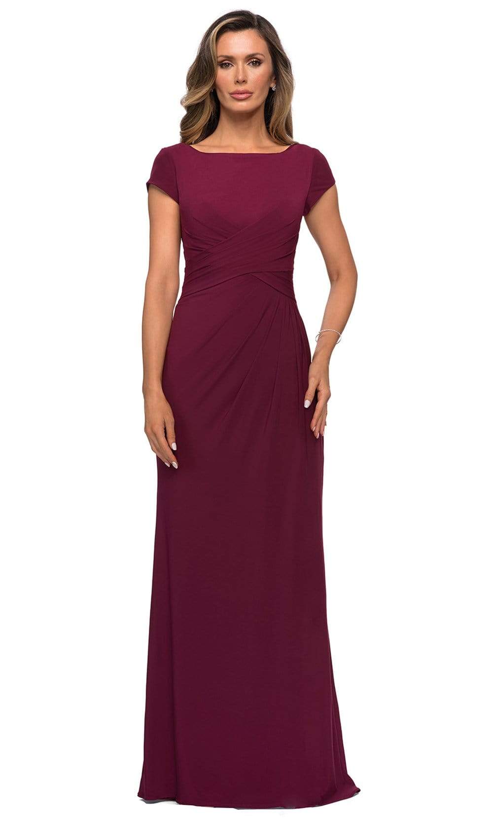 28026 Bateau Neck Cap Sleeve Sleek Jersey Long Dress