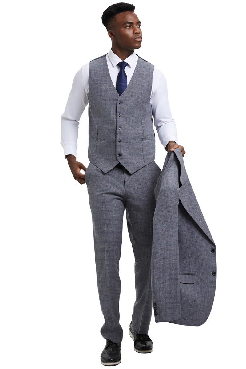 Men’s Stacy Adams Modern Fit Vested Suit in Light Grey Micro Check Plaid