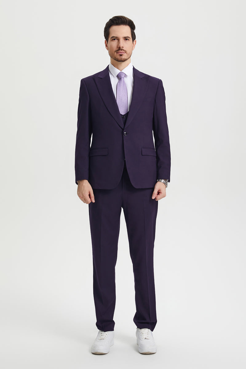 Men’s Vested One Button Peak Lapel Stacy Adams Designer Suit in Eggplant