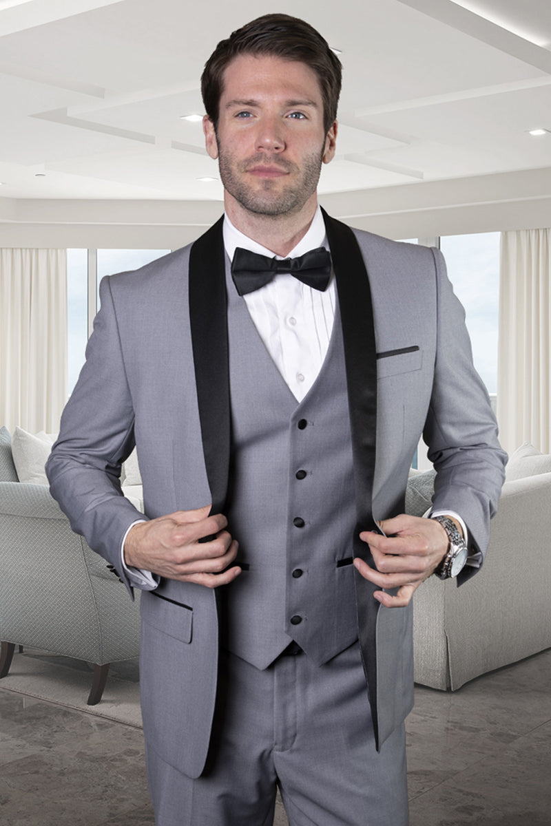 Men’s Designer Wool One Button Shawl Lapel Wedding Tuxedo in Grey