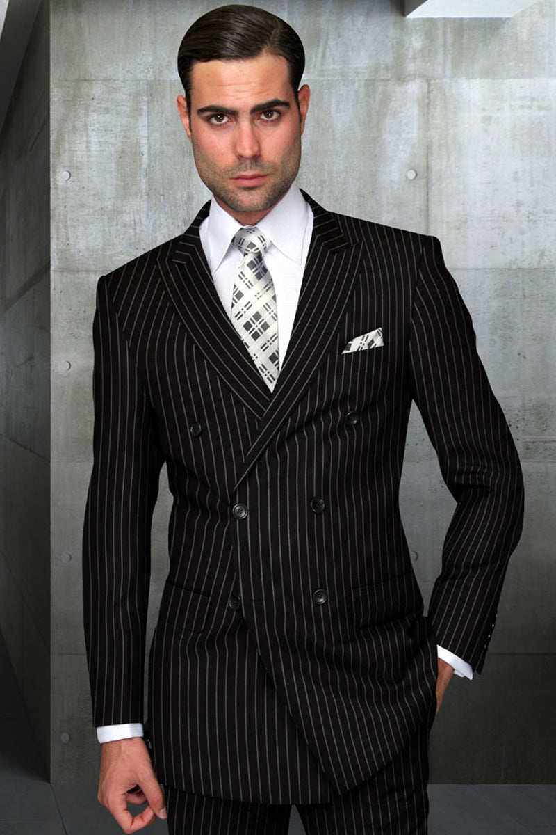 Men’s Designer Double Breasted Wool Suit in Bold Black Gangster Pinstripe.