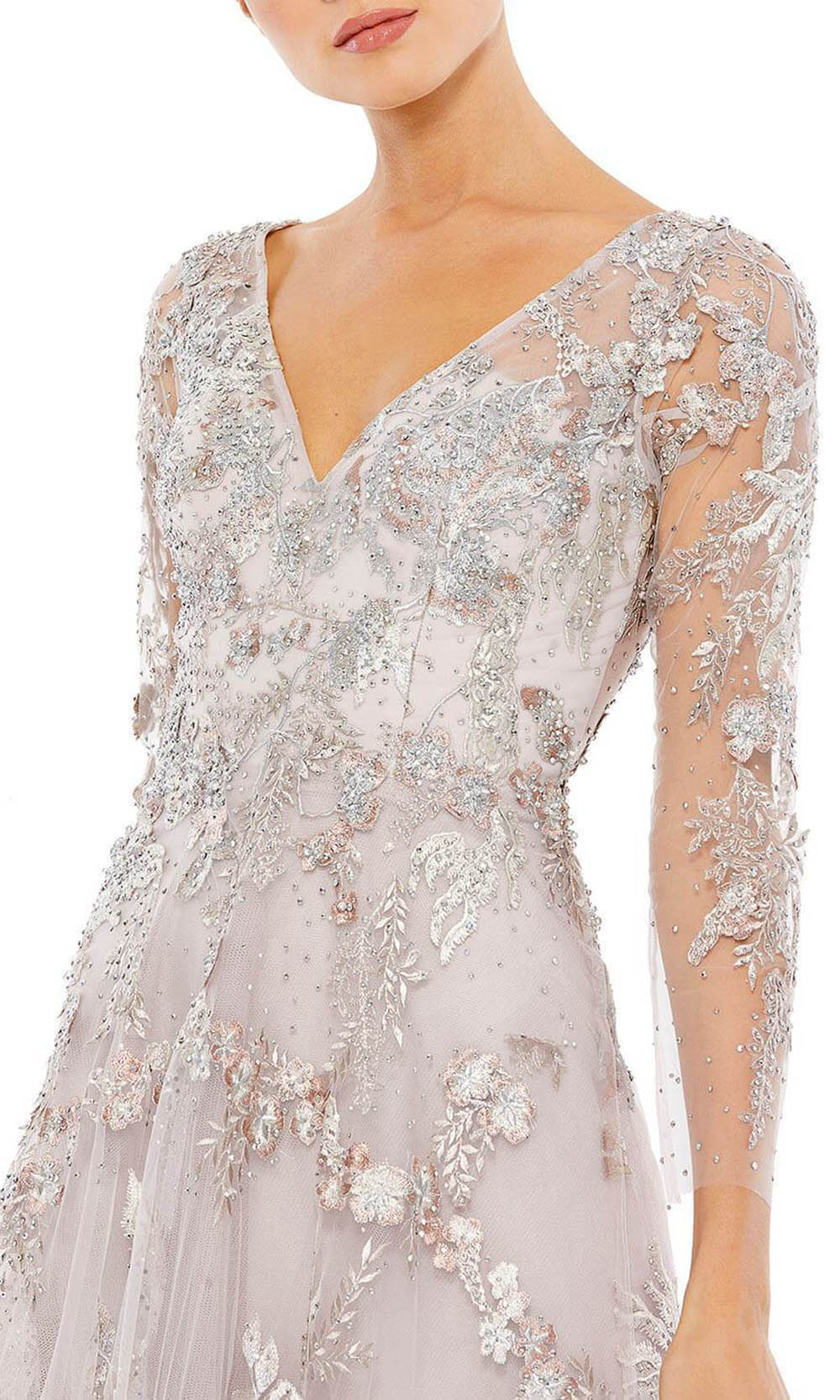 20245 Sheer Sleeve Beaded A-line Gown