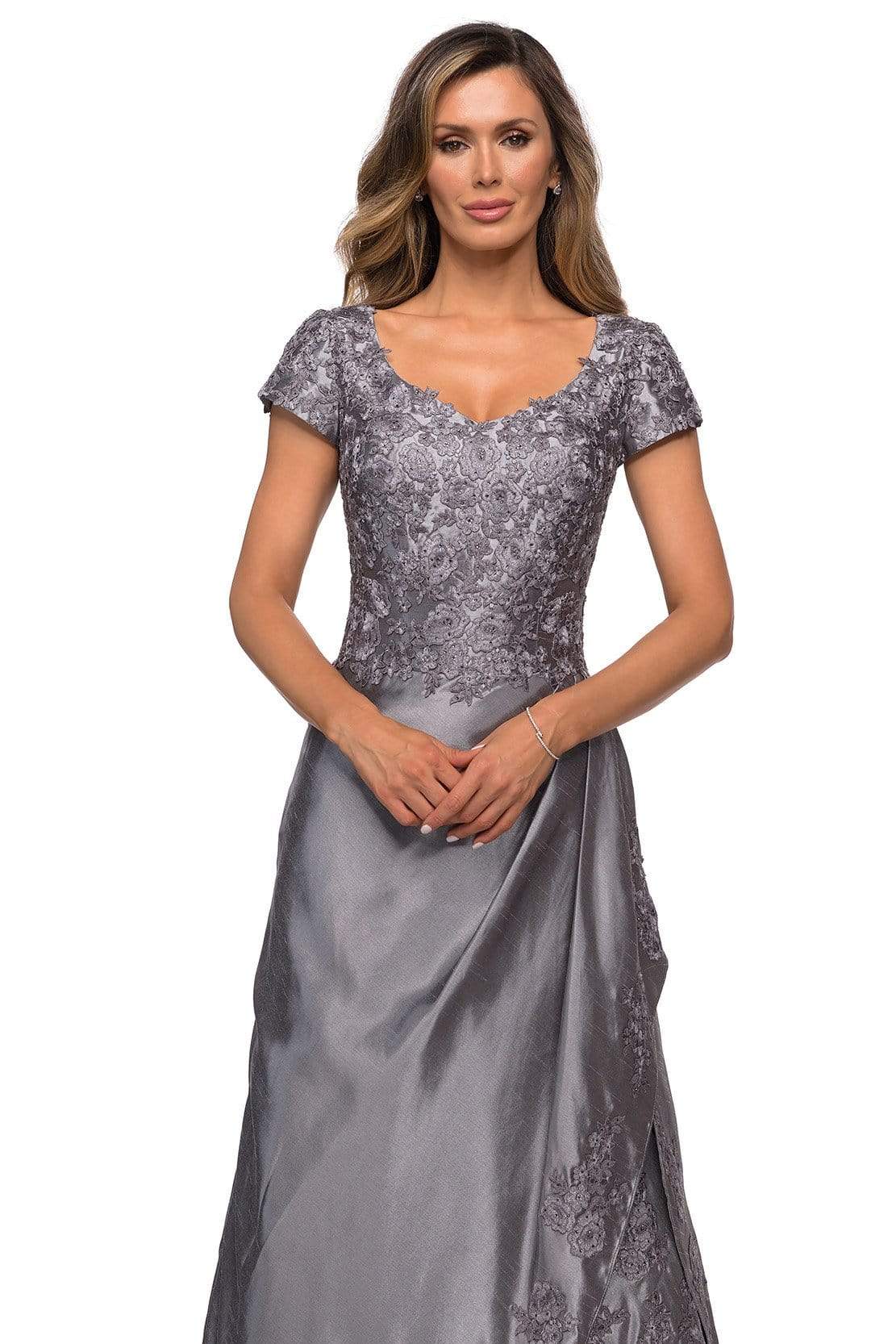 27033 Floral Satin A-Line Mother of the Bride Gown