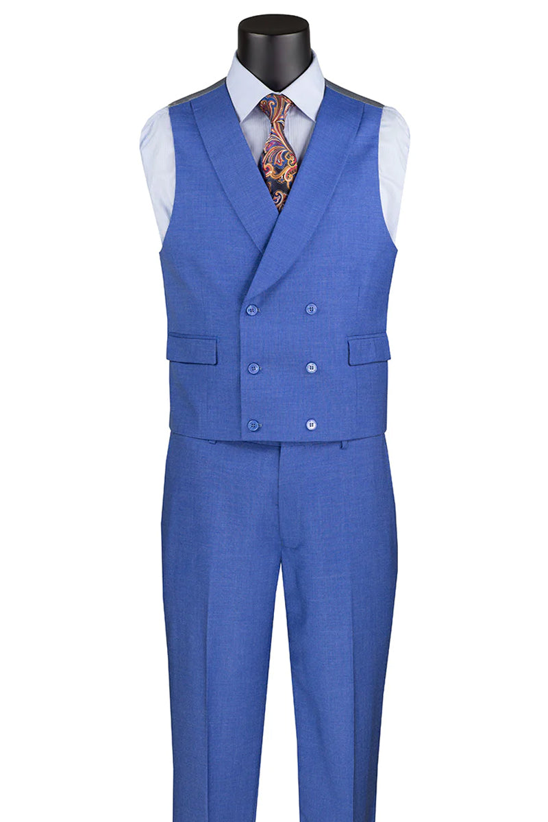 Men’s Summer Sharkskin Suit with Double Breasted Vest in French Blue