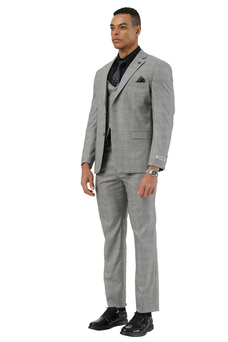 Men’s Stacy Adams Two Button Vested Summer Suit in Light Grey Glen Plaid