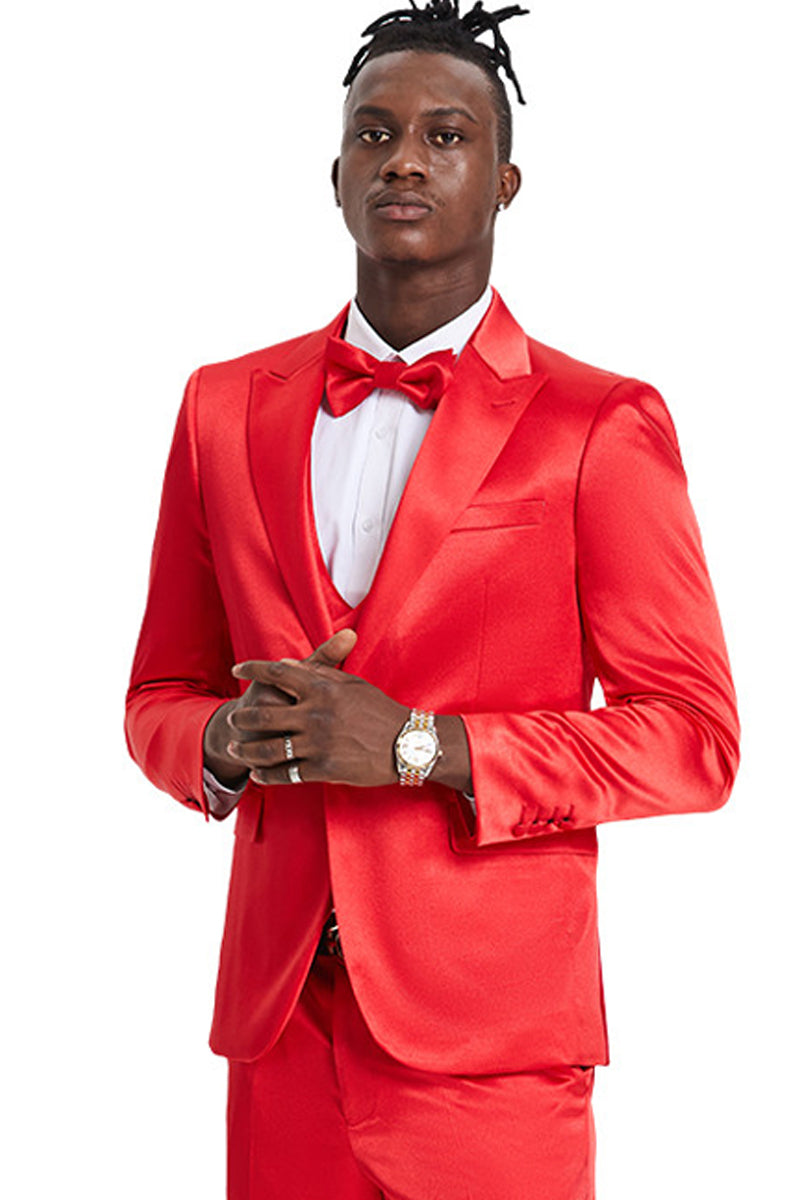 Men’s One Button Vested Shiny Satin Sharkskin Prom & Wedding Party Suit in Red