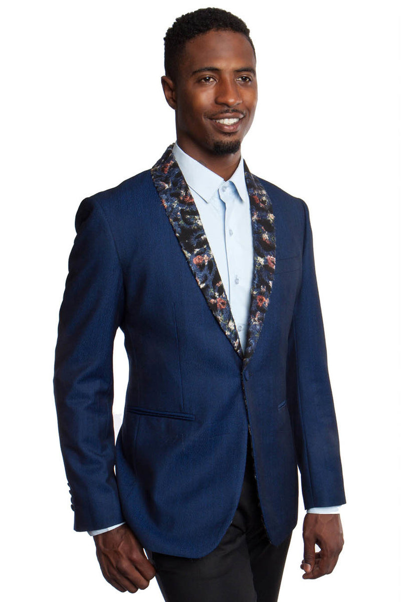 Men’s One Button Slim Fit Dinner Jacket in Navy with Floral Pattern Lapel