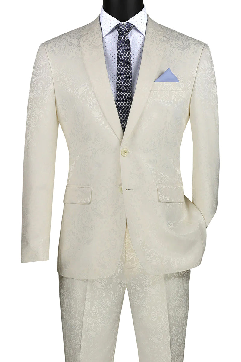 Men’s Slim Fit Shiny Paisley Prom & Wedding Suit in Ivory
