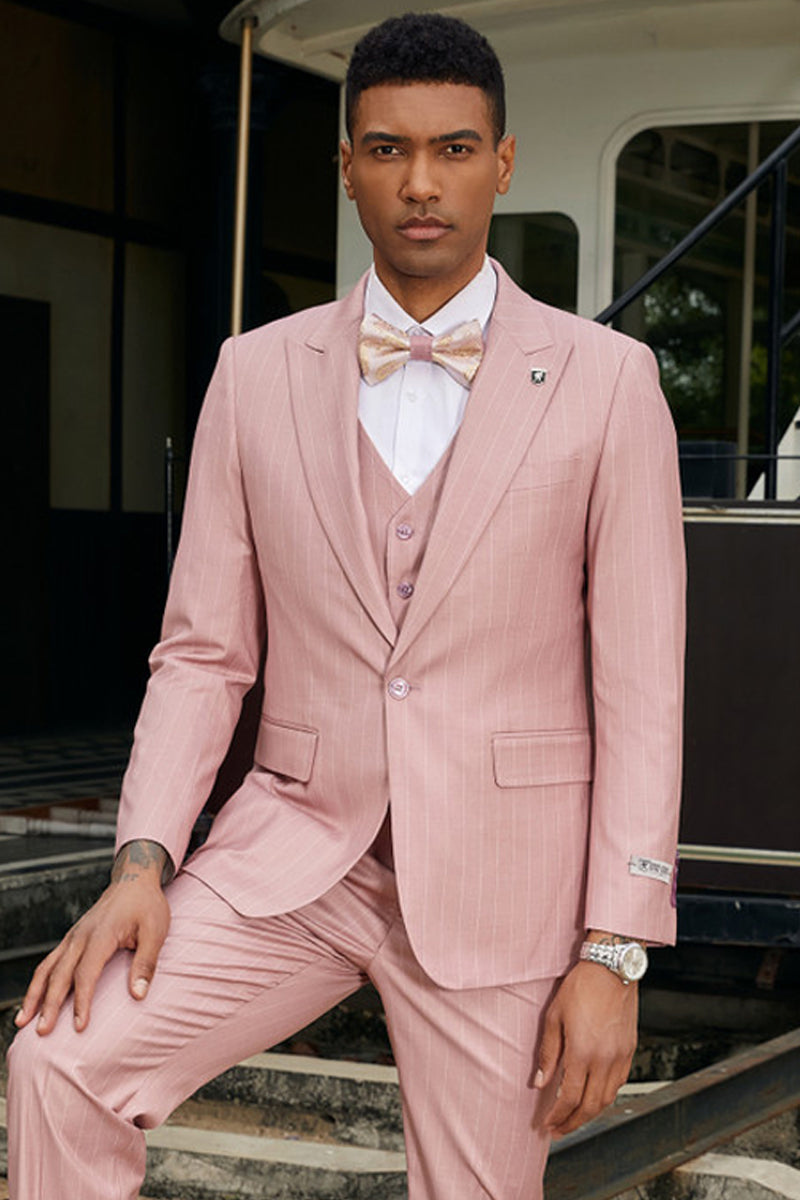 Men’s Stacy Adam’s One Button Vested Modern Suit in Rose Pink Pinstripe