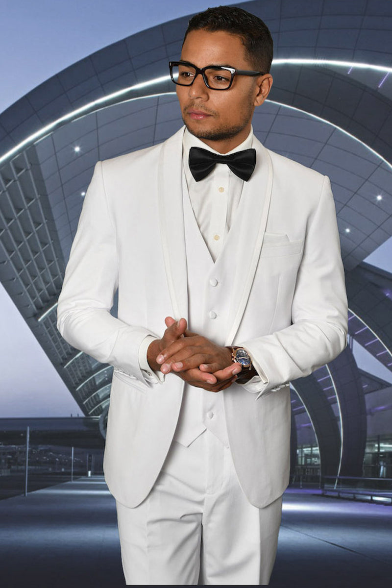 Men’s Vested Satin Trim Shawl Wedding & Prom Tuxedo in White