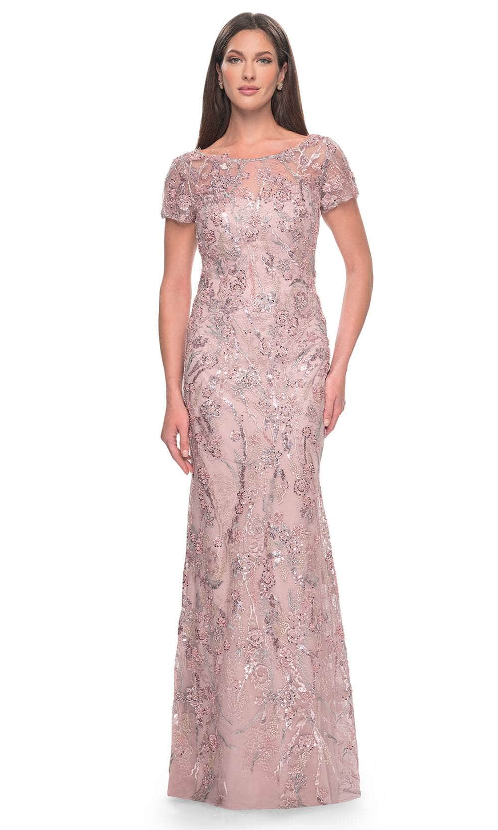 Beaded Floral Patterned Short Sleeve Evening Dress