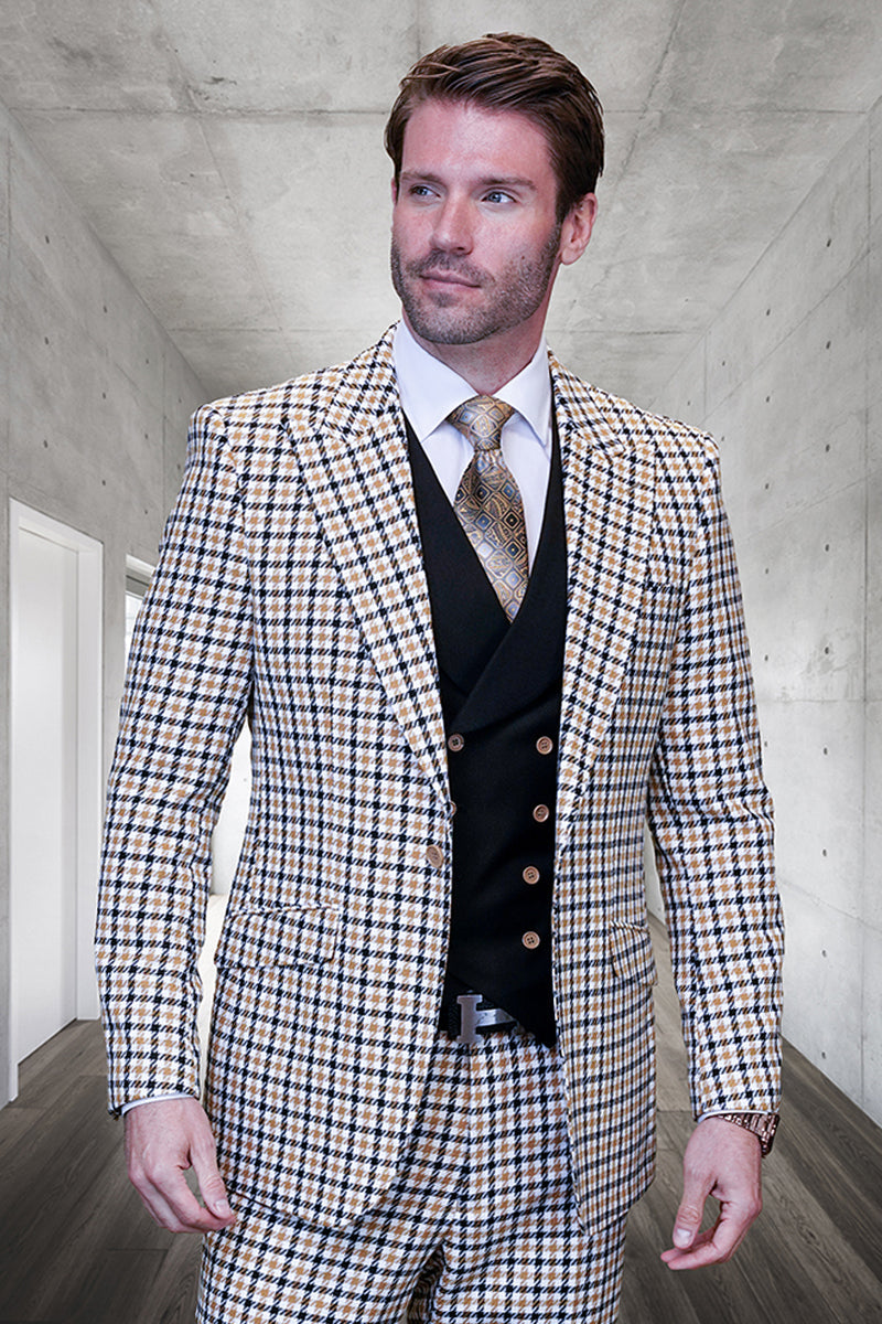 Men’s Designer Wool Modern Fit Wide Peak Lapel Vested Suit in Camel Micro Plaid