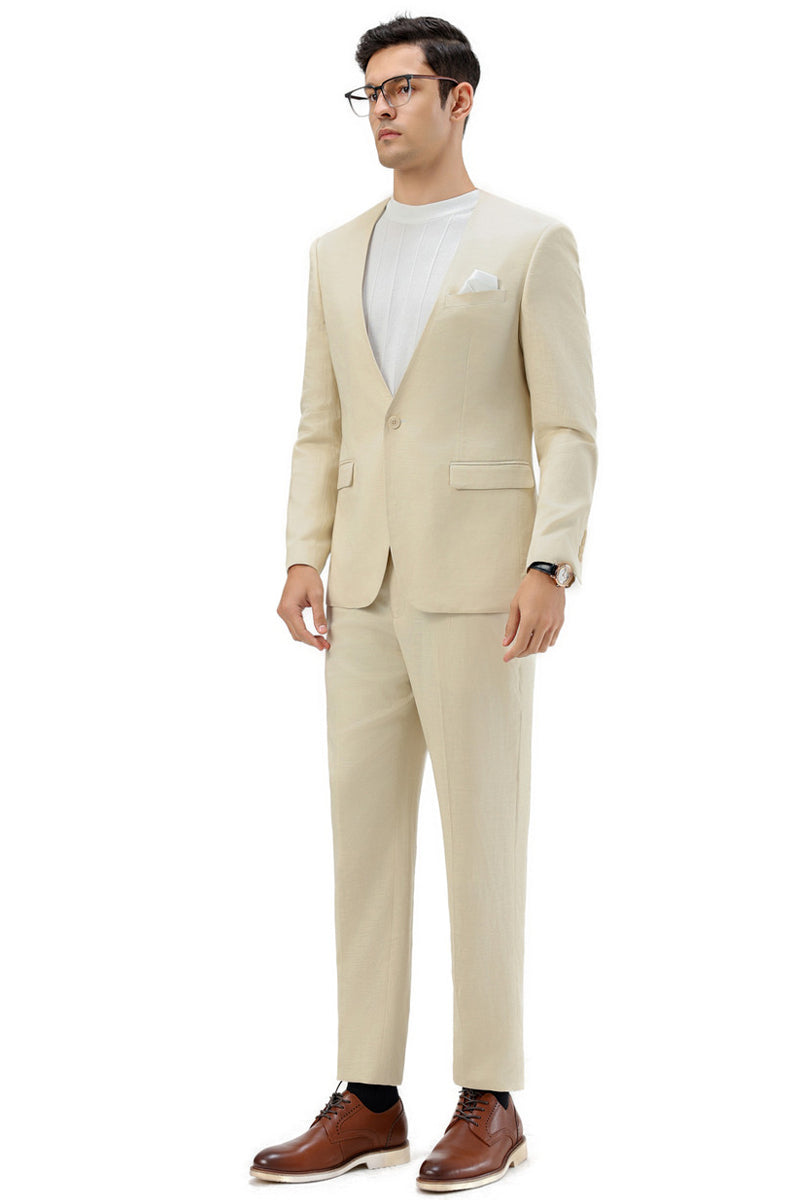 Men’s Modern Fit Collarless Summer Wedding Suit in Tan