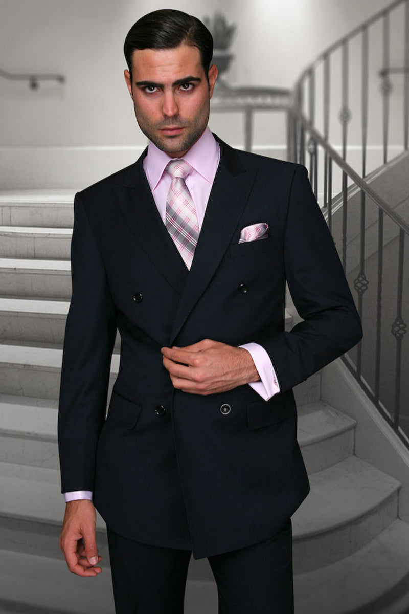 Men’s Designer Double Breasted Wool Suit in Navy Blue